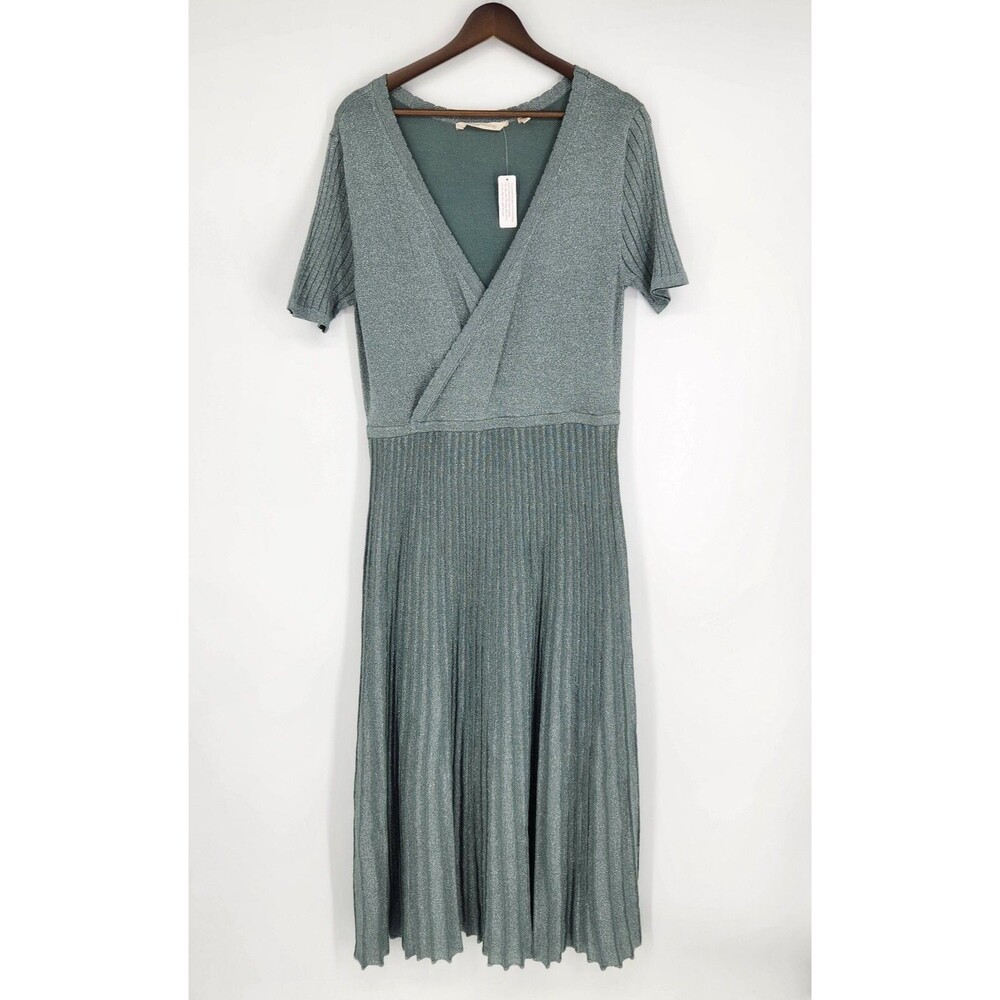 New Soft Surroundings Lumine Dust Aqua Sparkle Surplice Pleated Maxi Dress Large
